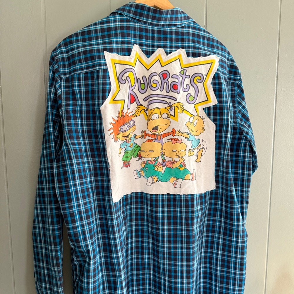 Upcycled Rugrats Cartoon Button Down Shirt XL Plaid DIY 90s‎ Y2K Style Grunge